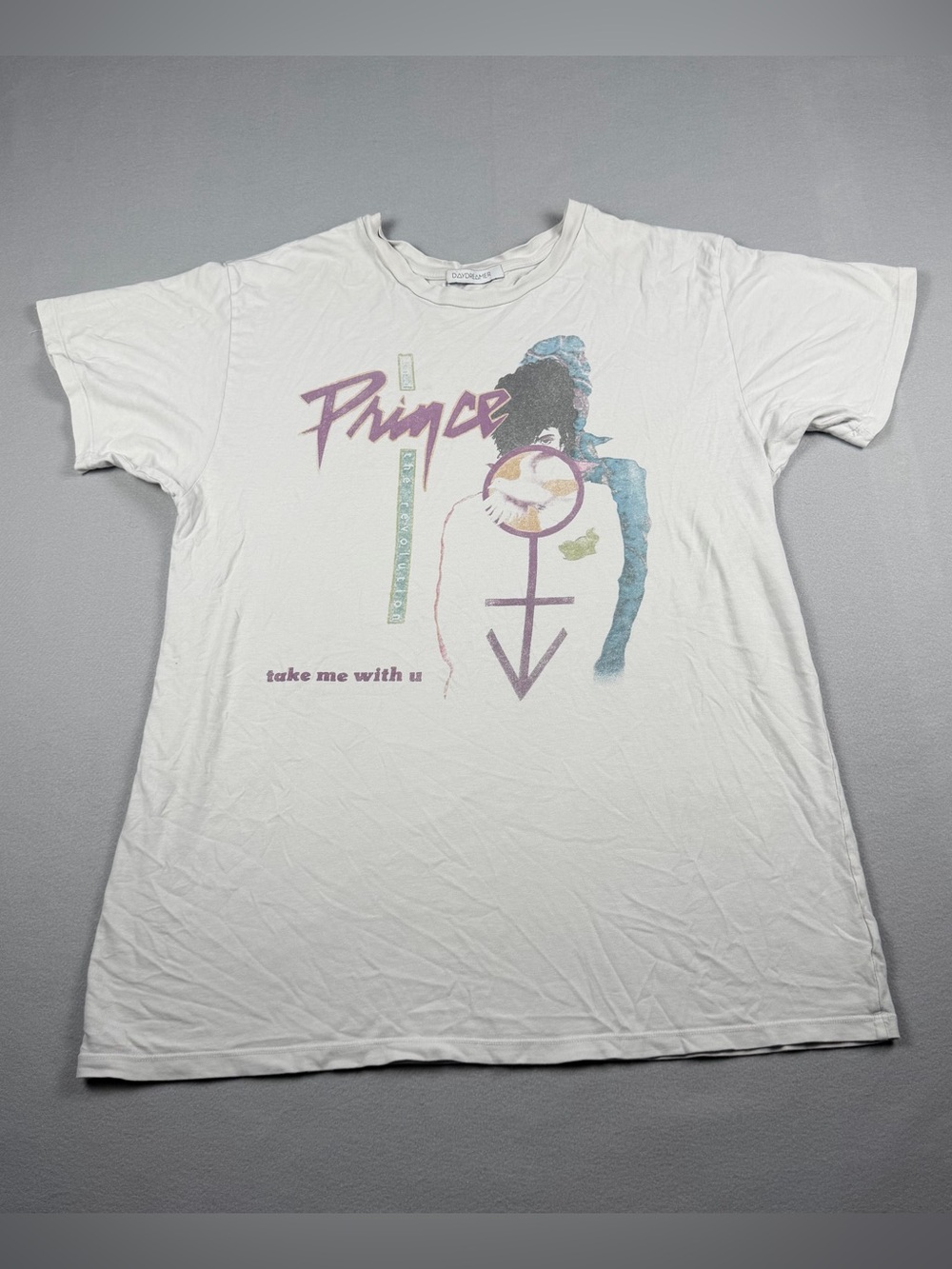 Daydreamer White Prince Graphic Tee with Purple and Teal Accents
